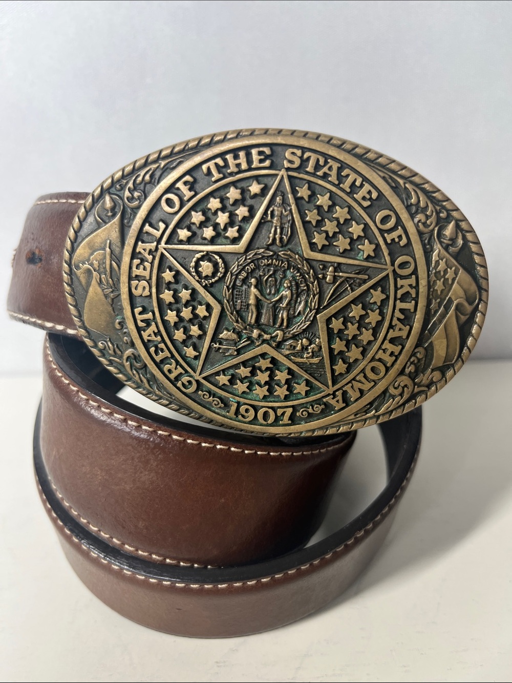 Oklahoma State Seal Cowboy Western 90s NOS Vintage Belt Buckle & Nacona Belt